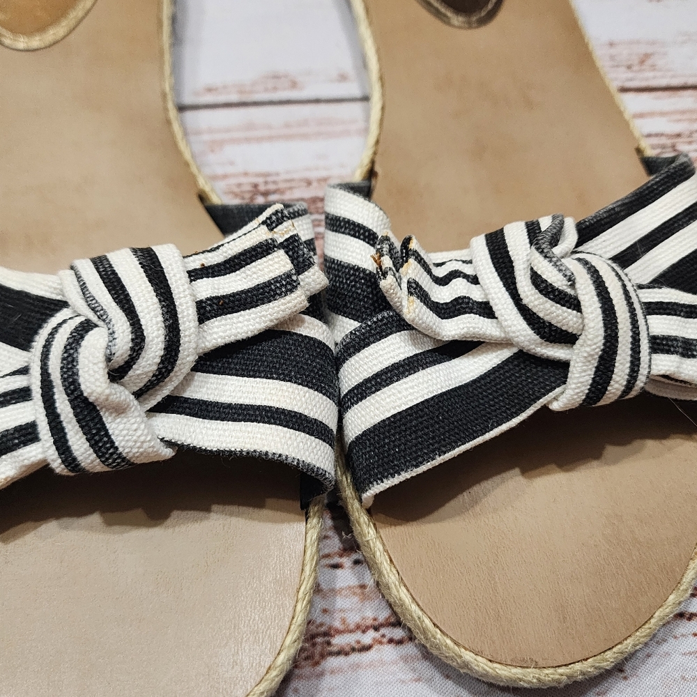 MRKT open-toe casual espadrille sandals black white striped fabric jute sole 9 - Picture 2 of 8